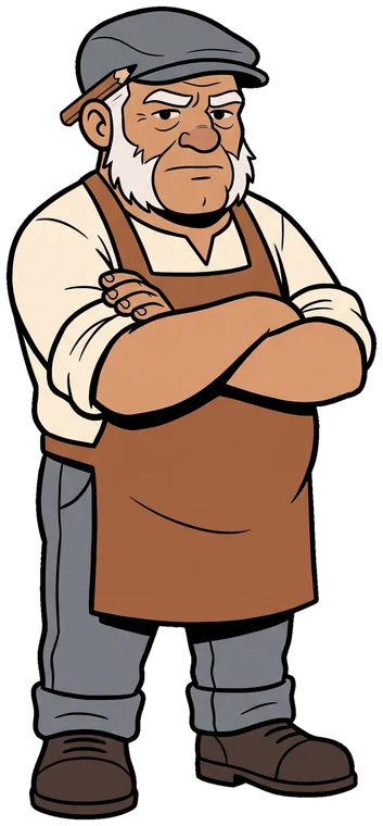 The Old Tradesman stands with his arms crossed