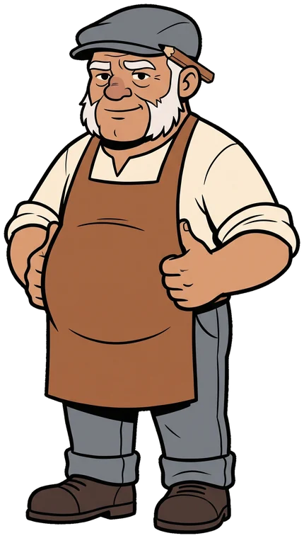 The Old Tradesman, a cartoon tradesman in a flat cap and leather apron, stands with his thumbs hooked in his apron