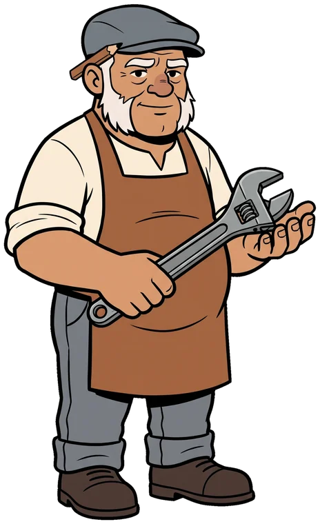 The Old Tradesman holds a ten inch adjustable wrench