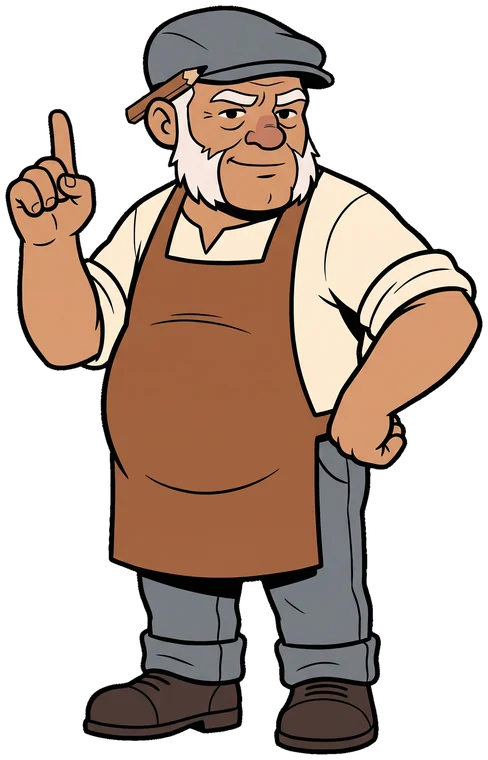 The Old Tradesman laying down a shop rule The Old Tradesman raises one finger as he lays down a shop rule