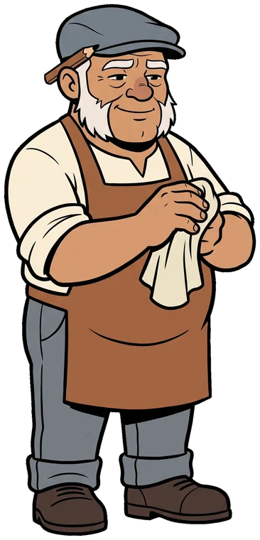 The Old Tradesman wiping his hands on a shop rag The Old Tradesman wipes his hands on a shop rag