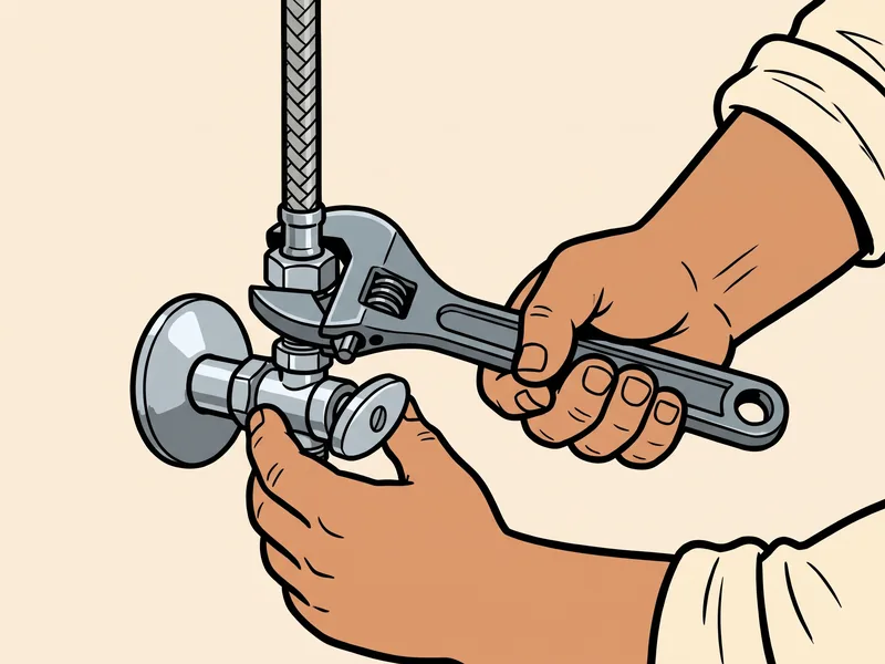 Metal nut at the shutoff valve: hand tight, then 1/2 turn Close up of two hands at a chrome angle shutoff valve on the wall: one holds the valve body, the other has an adjustable wrench on the metal nut of the braided toilet supply line