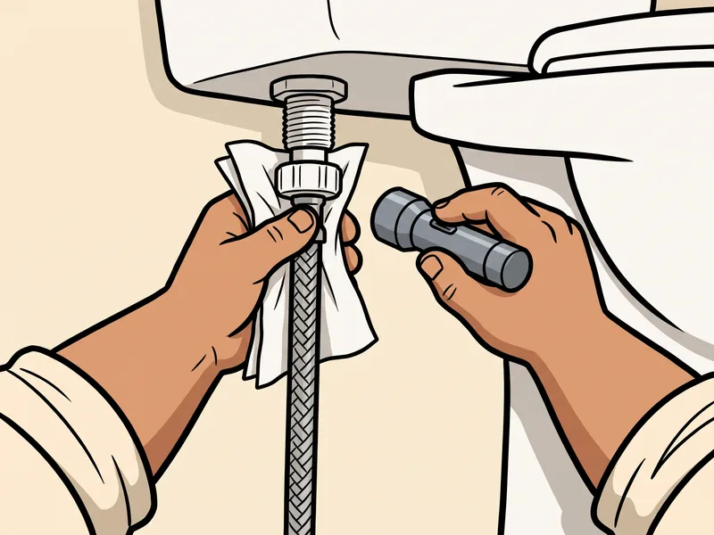Checking a toilet supply nut for leaks with a dry paper towel Close up of two hands under a toilet tank: one presses a dry paper towel around the plastic nut of the braided supply line, the other holds a small flashlight