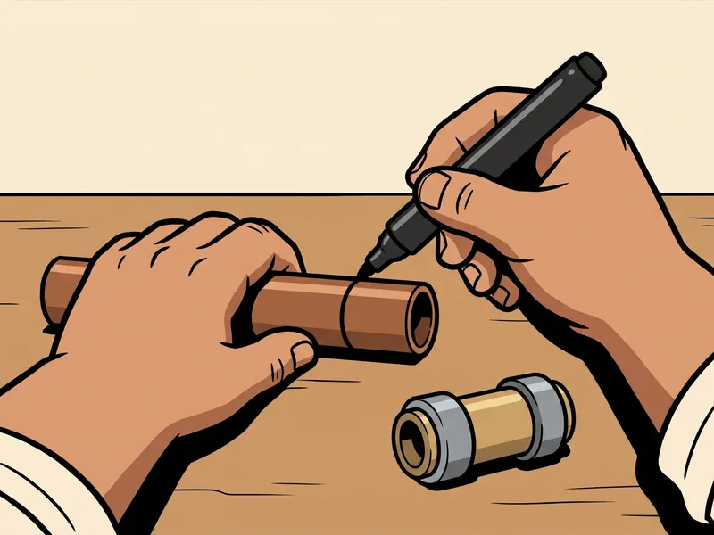 Two hands draw a ring around the end of a copper pipe with a marker, a brass push-to-connect coupling on the bench