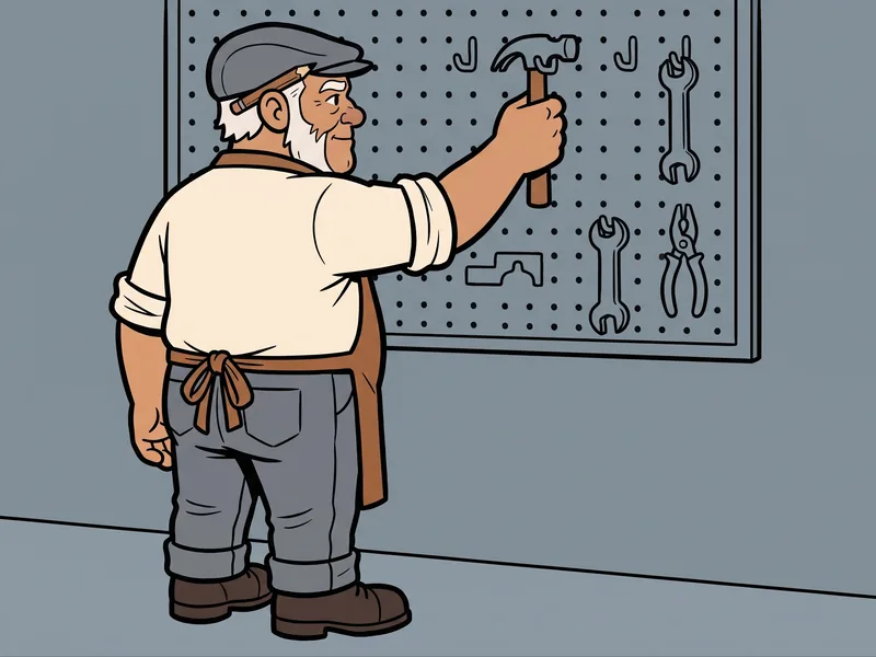 The Old Tradesman at his pegboard of tools The Old Tradesman, seen from behind, reaches for a tool on the pegboard over his workbench