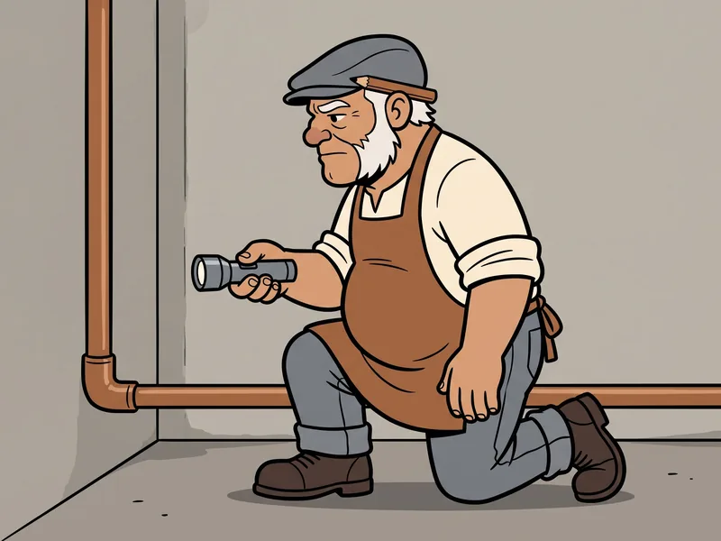 Find the pipes in unheated spaces first The Old Tradesman kneels with a flashlight beside a bare copper water pipe running along a basement wall