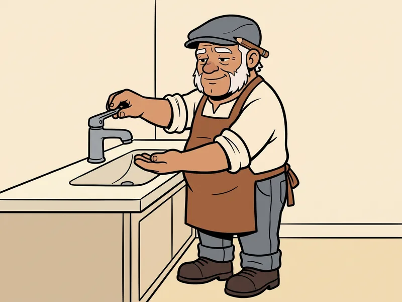 Opening a faucet to confirm the main shutoff stopped the water The Old Tradesman lifts a faucet handle at a bathroom sink and holds his hand under the dry spout