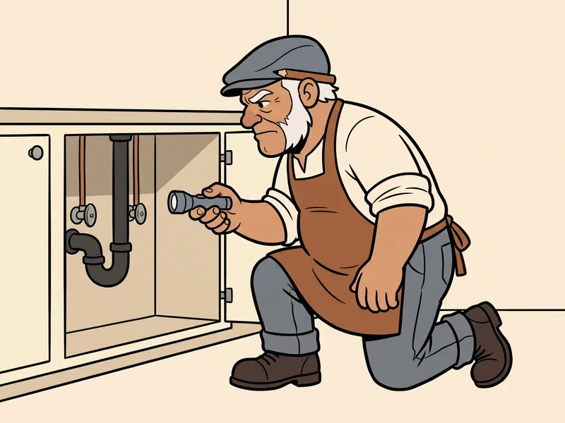 Finding the fixture shutoff valves under a sink The Old Tradesman kneels with a flashlight at an open sink cabinet with two supply lines and their oval shutoff valve handles