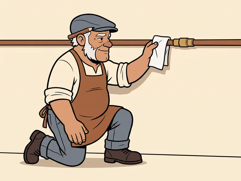 The Old Tradesman kneels and holds a dry paper towel under a brass coupling on a copper pipe to check for drips