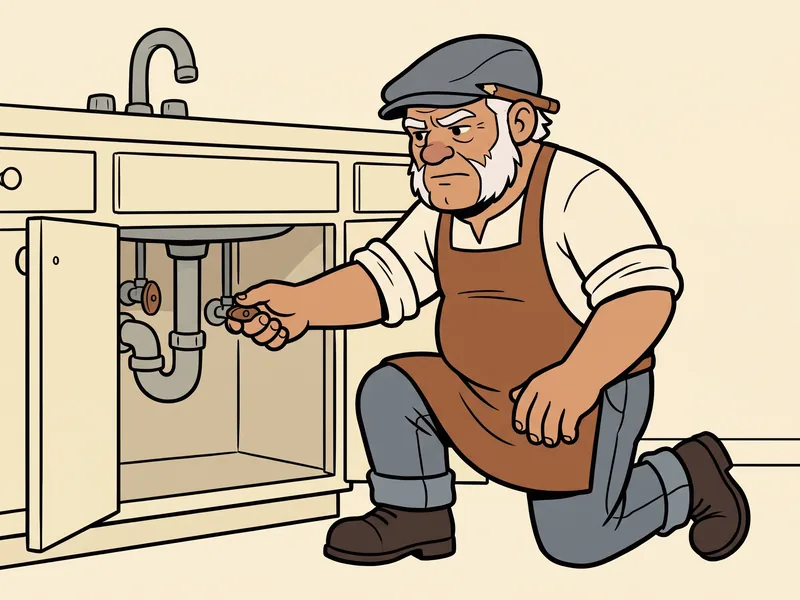 The Old Tradesman kneels at an open sink cabinet and turns the oval handle of a shutoff valve on the supply line