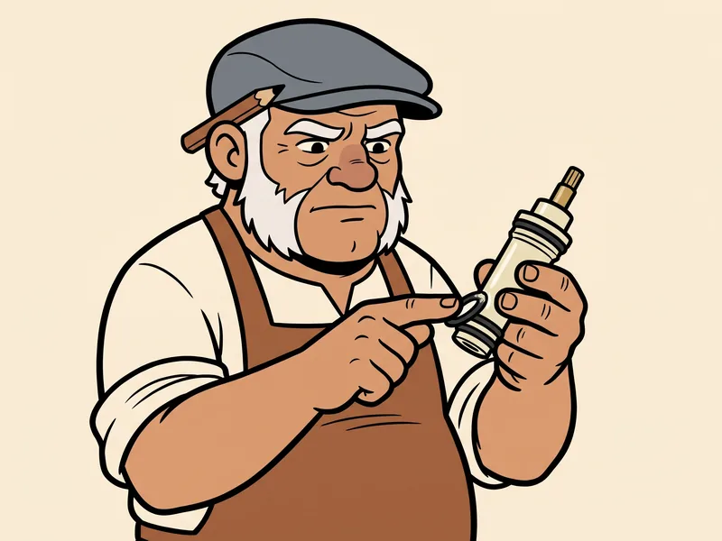 The Old Tradesman rubs silicone grease around a black O-ring on a slim faucet cartridge with a brass stem