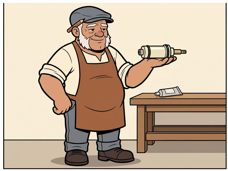 The Old Tradesman holds a new slim faucet cartridge level on his open hand beside a workbench with a small tube of silicone grease on it