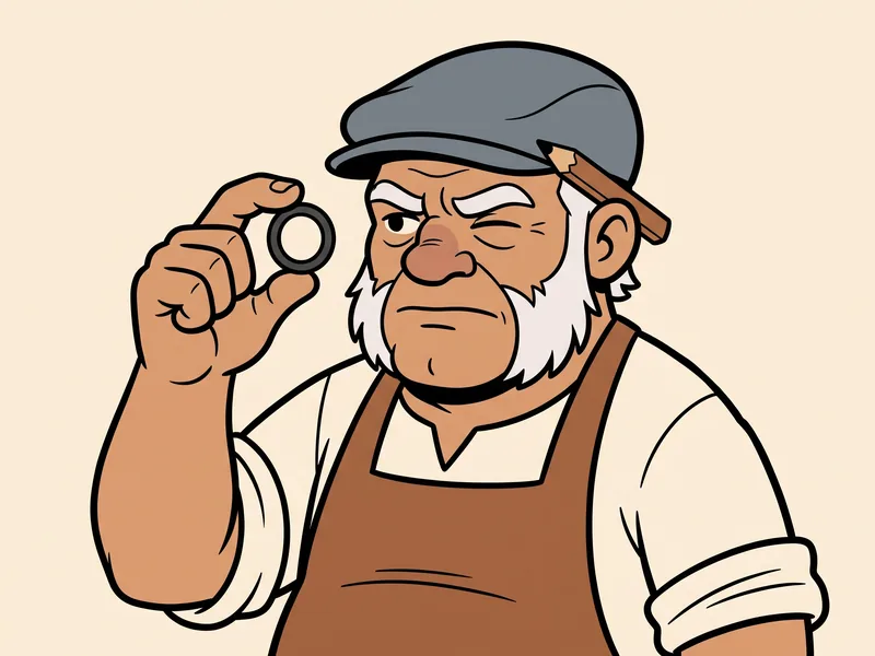 The Old Tradesman squints at a small black rubber O-ring held between his thumb and forefinger
