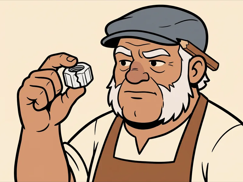A cracked plastic toilet supply coupling nut The Old Tradesman squints with one brow raised at a cracked white plastic coupling nut held between his thumb and finger