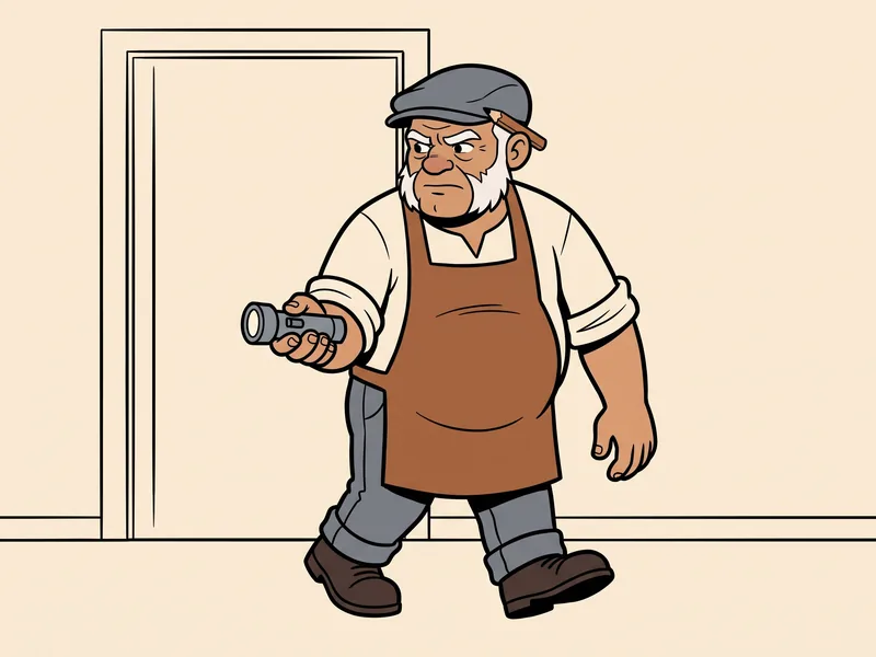 The Old Tradesman walks through a room with a small steel flashlight, looking for shutoff valves