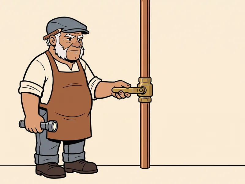 A main water shutoff ball valve in the closed position The Old Tradesman rests a hand on the lever of a brass ball valve on a copper pipe; the lever sits across the pipe, the closed position