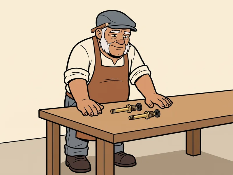 Matching an old faucet stem against its replacement The Old Tradesman leans on his workbench over two matching brass faucet stems lying side by side