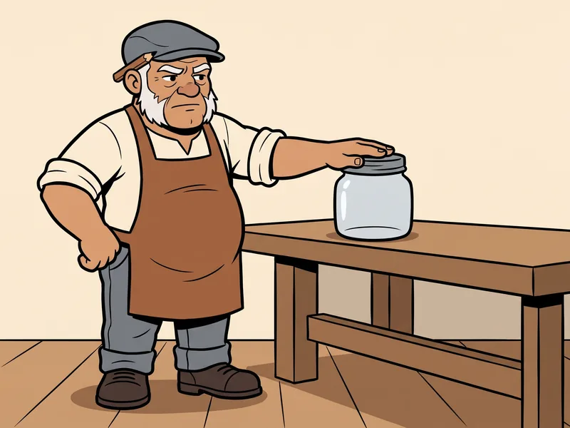 The Old Tradesman pushes a wide jar away across his workbench with a flat hand