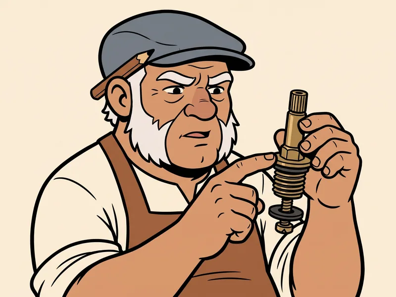 Reading a faucet stem: broach teeth, threads, seat washer The Old Tradesman runs a finger down a brass faucet stem, showing the splined top, the threads, and the seat washer and screw at the bottom