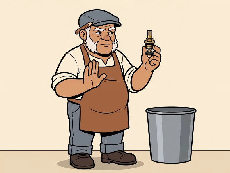 The Old Tradesman holds an old brass faucet stem up beside a waste bin and raises his other hand to say wait