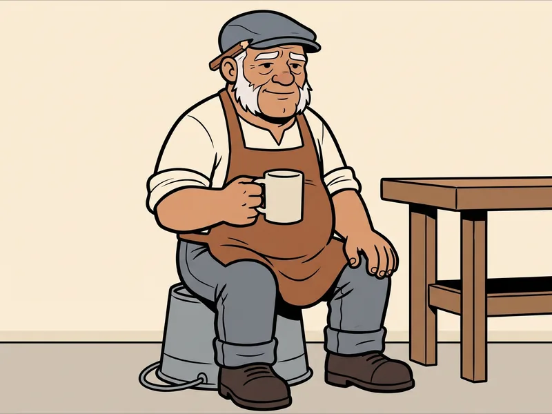 The Old Tradesman taking a break at the bench The Old Tradesman sits on a stool beside his workbench with a mug in his hand