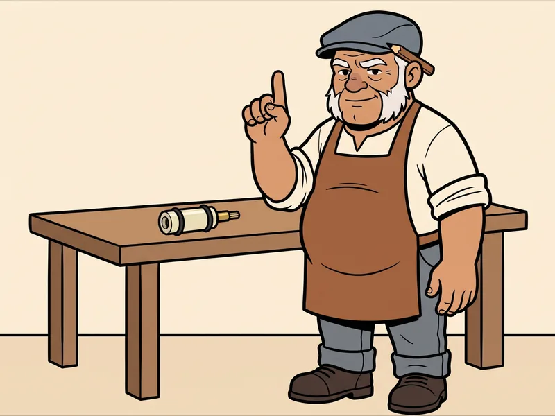 The Old Tradesman raises one finger beside his workbench, where an old single-handle faucet cartridge with two black O-rings and a brass stem lies