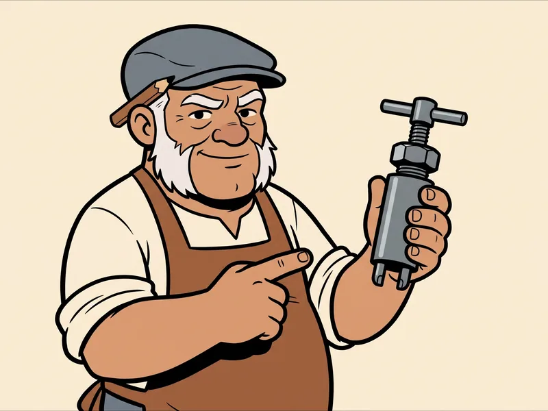 The Old Tradesman points at a cartridge puller in his hand, showing its T-handle, threaded center screw, hex nut, steel barrel and two tabs