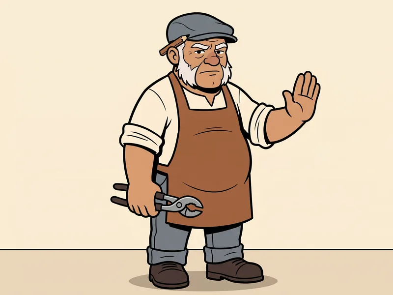 The Old Tradesman holds up a flat hand to say stop while holding a pair of tongue and groove pliers down at his side