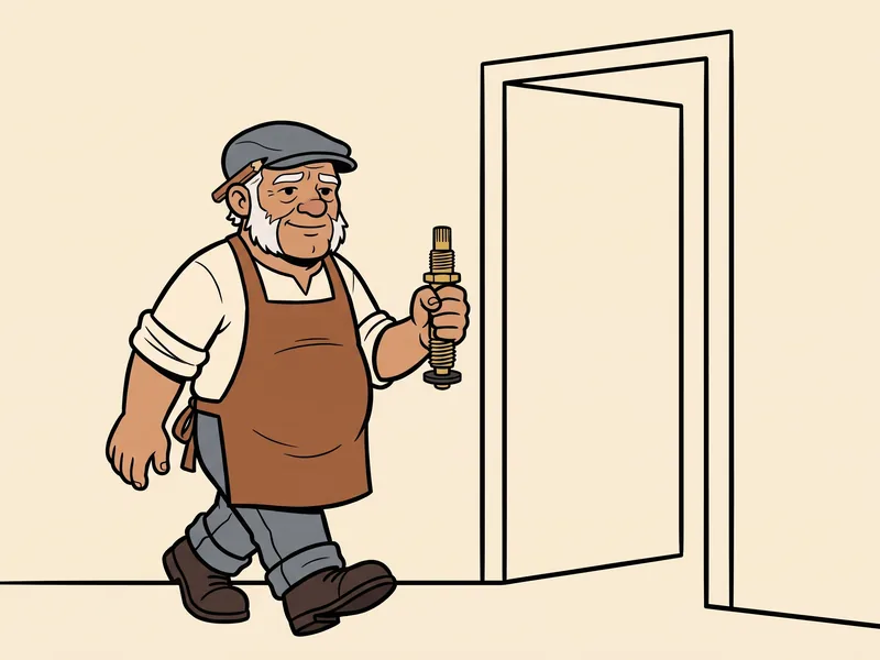 Taking the old faucet stem along to match it The Old Tradesman walks toward an open door carrying the old faucet stem in his fist