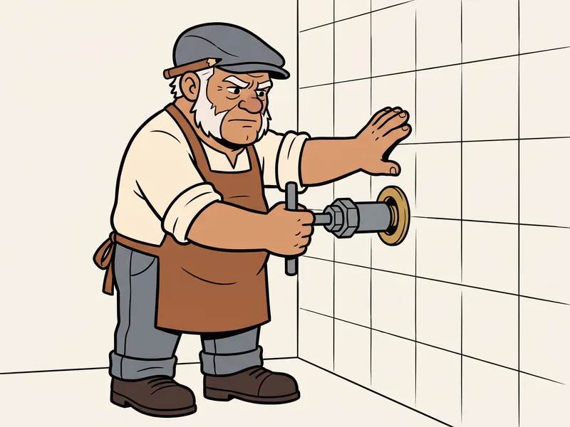 The Old Tradesman works a cartridge puller, a short steel barrel with a hex nut and a T-handle, at a round valve opening in a tiled shower wall