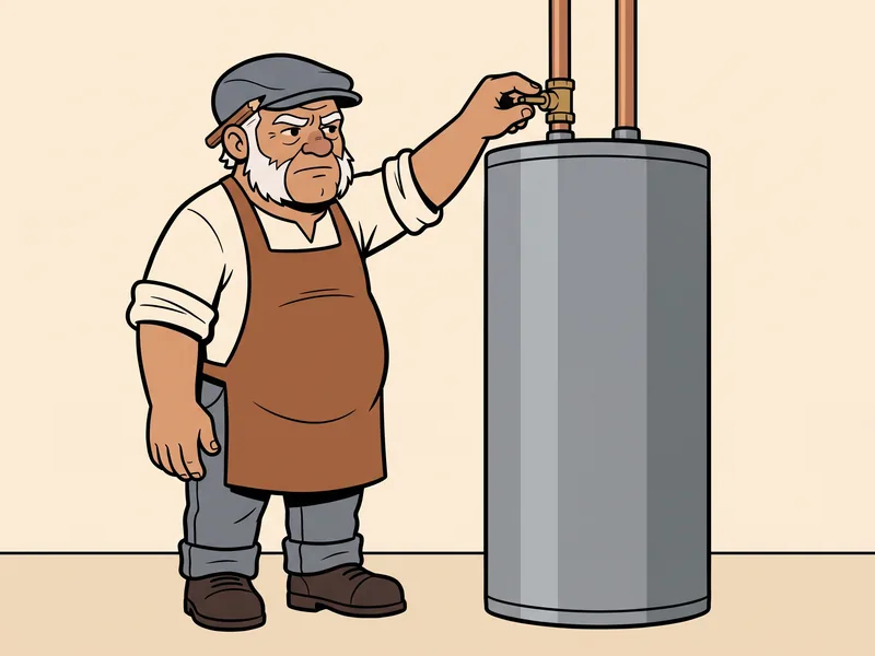 The shutoff valve on the cold inlet of a water heater The Old Tradesman reaches up to the shutoff valve on the cold water pipe above a tank water heater