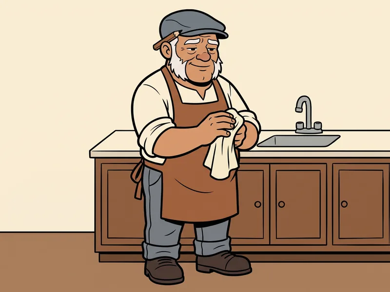 Tighten to the maker's number, then stop The Old Tradesman wipes his hands on a shop rag in front of a sink cabinet, looking satisfied