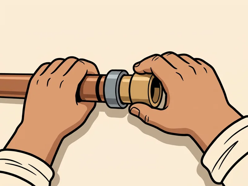 Two hands push a brass push-to-connect coupling onto a copper pipe until the marker ring reaches the collar