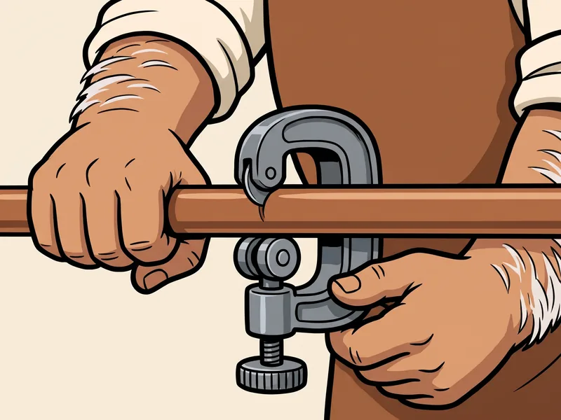 Close up of two hands turning a small tubing cutter around a copper pipe, its wheel on top and its knob below