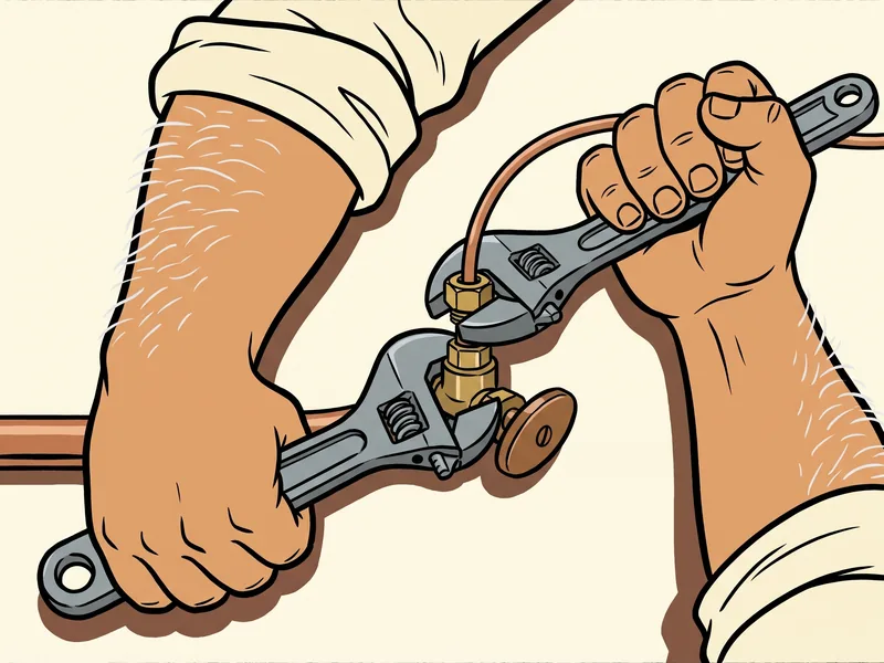 Backup wrench on the valve body, second wrench on the compression nut Close up of two hands with two adjustable wrenches on a brass angle shutoff valve: one wrench holds the valve body, the other turns the compression nut on the supply tube